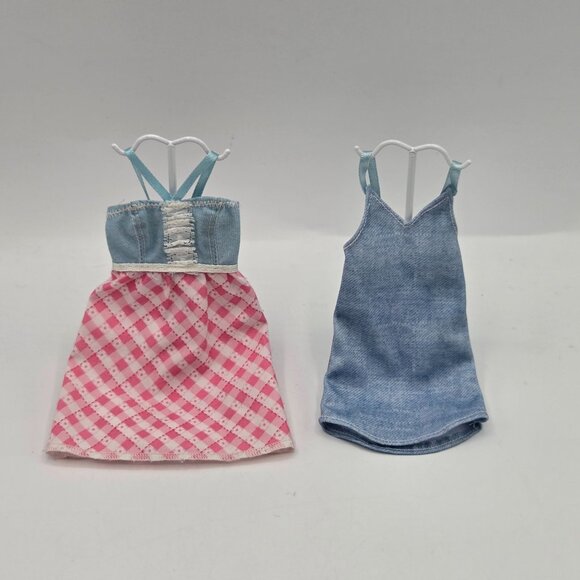 Barbie Doll Clothes Set: Denim & Pink Check Dress - Picture 1 of 6
